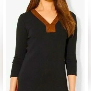 Lauren Ralph Lauren Tunic Top Black V-Neck Faux Suede Trim Size large